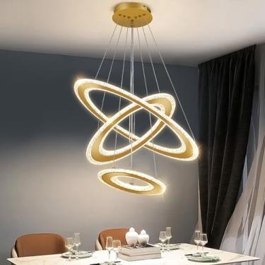 Imagem de Luminária Pendente LED com 3 Anéis e Design Geométrico Ajustável DIY | Lustre Moderno de Altura e Forma Customizável com 3 Temperaturas de Cor para Sala de Estar, Quarto e Sala de Jantar (Ouro Plus)