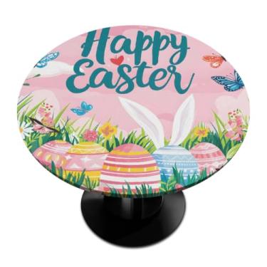 Imagem de hongjinglin Toalha de mesa redonda com borda elástica de Páscoa, toalha de mesa redonda limpável para ambientes internos e externos, pátio, jantar, cozinha, festival, decoração para mesas de 114 a 127