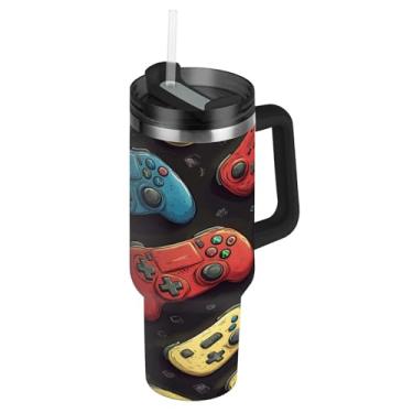 Imagem de Blueangle Copo de controle de jogo de desenho animado de 1,134 g com alça e tampa de palha, caneca de viagem de aço inoxidável isolada a vácuo de parede dupla, garrafa de água reutilizável para