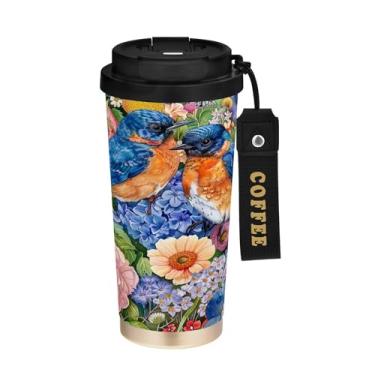 Imagem de SEHANY Caneca de café de viagem Blue Birds 482 g com tampa revestida de cerâmica e à prova de vazamento, parede dupla, isolada a vácuo, copo de aço inoxidável para bebidas quentes e frias
