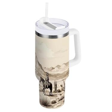 Imagem de xigua Copo vintage Western Cowboy de 850 g com tampa e canudo, aço inoxidável de vácuo duplo isolado garrafa de água esportiva suporte para copo de café de viagem à prova de vazamento para bebida