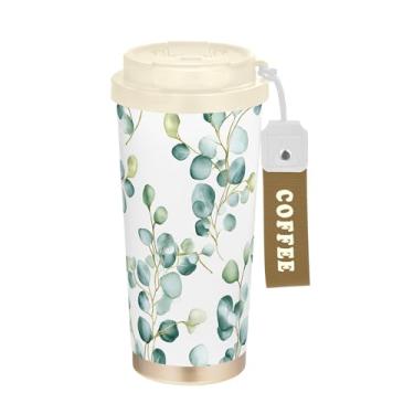 Imagem de SEHANY Caneca de viagem Green Leaves de 482 ml Copos de café reutilizáveis revestidos de cerâmica com tampa à prova de vazamento, parede dupla, isolamento a vácuo, copo de café de aço inoxidável para