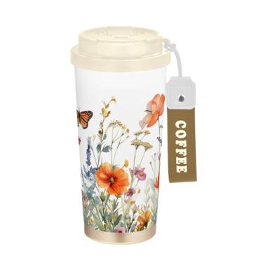 Imagem de SEHANY Caneca de viagem borboleta e flores de 482 ml Copos de café reutilizáveis revestidos de cerâmica com tampa à prova de vazamento, parede dupla, isolamento a vácuo, copo de café de aço inoxidável