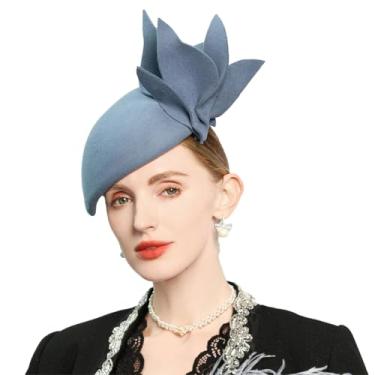 Imagem de Chapéus Derby Fascinator de feltro de lã para mulheres, vestido de festa de chá formal, feminino, gota, coquetel, chapéu de caixa de comprimidos, Azul escuro, M