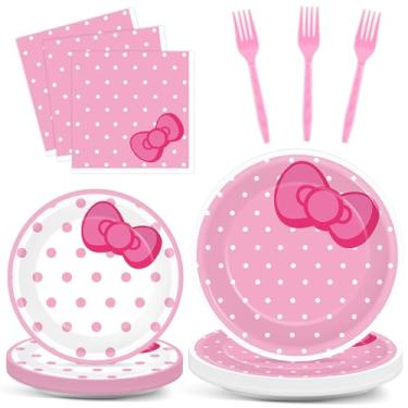Imagem de 96pcs Pink Cat Birthday Party Decoration Cute Cats Bow Plates And Napkins Pink Bow Tableware Set Cartoon Cat Disposable Dinnerware for Girls Baby Shower Wedding Birthday Party Supplies Serve 24 Guests