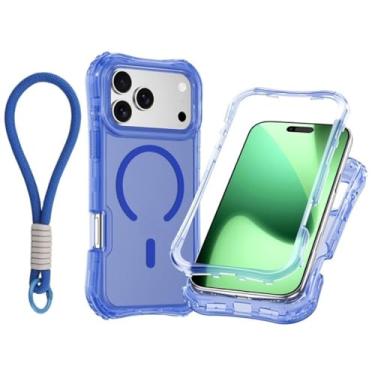 Imagem de Capa transparente com carregamento magnético em PC+TPU para iPhone 17 Pro Max Air 16 15 14 13 12 Plus, com alça de pulso e proteção contra impactos (para iPhone 15 Pro Max/AZUL CLARO)