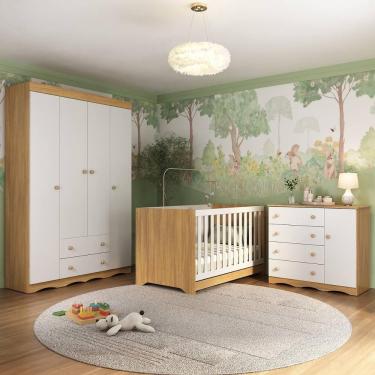 Imagem de Quarto De Bebê Completo Berço Americano 3 Em 1 Colchão Realeza Multimóveis MP4599 Madeirado/branco