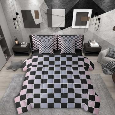 Imagem de Erosebridal Conjunto de edredom solteiro geométrico xadrez com 7 peças, rosa, cinza, azul, ombré em uma bolsa, para crianças e adultos, jogo de cama quadriculado preto gradiente