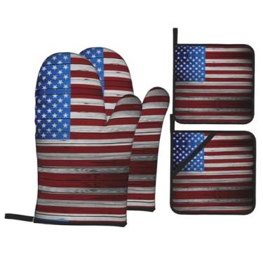 Imagem de Bandeira americana - Conjunto de luvas de cozinha estampadas com suportes de tampa, luvas de forno resistentes ao calor para manusear panelas quentes, grelhar, churrascos, kit de 4 peças.