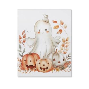 Imagem de HouLaiZhe Pôster de Halloween com estampa de arte de parede em tela de abóbora fantasma fofo decoração de parede gótica para sala de estar quarto 11 x 14 polegadas (28 x 35 cm)