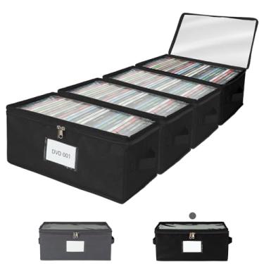 Imagem de ComfortKeeper Pacote com 4 caixas de armazenamento de DVD de tecido durável com tampa de PVC transparente, comporta 35 capas de DVD padrão, tecido não tecido resistente com suporte de papelão para