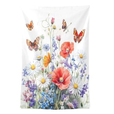 Imagem de STAYTOP Tapeçaria de parede de flores silvestres e borboletas para decoração de casa, decoração de dormitório, sala de estar, quarto, tapete de parede (90 × 60 pol)