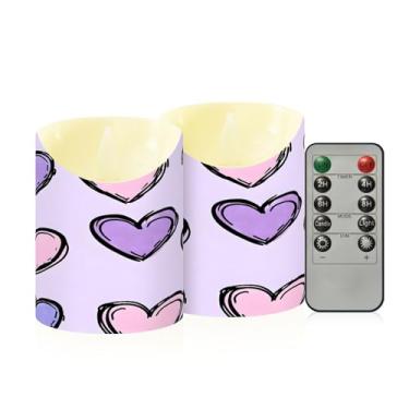 Imagem de Wassud Pacote com 2 velas fofas sem chama com padrão de coração com controle remoto, velas realistas cintilantes com temporizador, velas decorativas para Natal, casamento, festa, decoração de casa