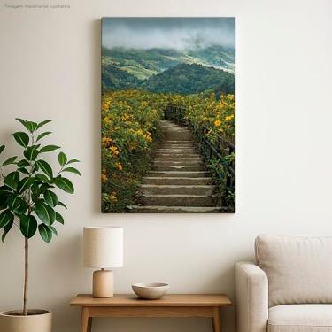 Imagem de Quadro Decorativo de Paisagem Natural, Fotografia de Escada com Flores Amarelas na Montanha, Impressão em Alta Definição, 60x40 cm