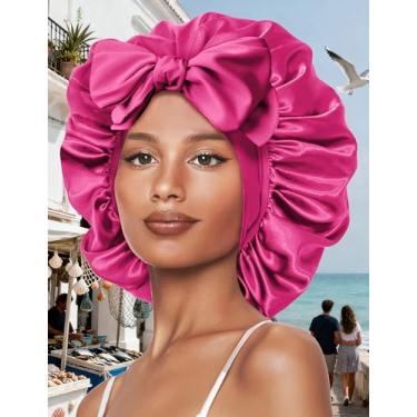 Imagem de Touca feminina de seda para dormir com faixa ajustável para cabelo encaracolado natural vermelho rosa