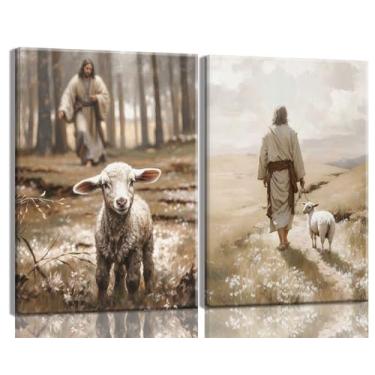 Imagem de Jesus And Lamb Canvas Wall Art Set Of 2 Christian Scripture Wall Decor Pictures The Lost Sheep Poster Canvas Print Running Jesus After Lost Lamb Pictures for Living Room Bedroom Framed