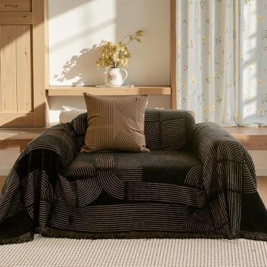 Imagem de ComiComi Capa de sofá para poltrona marrom lavável capa de sofá macia linha geométrica chenille em forma de L capa de sofá para animais de estimação antiarranhões com borlas 180 cm x 231 cm