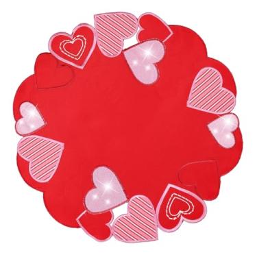 Imagem de Conjunto de 4 jogos americanos redondos vermelhos bordados coração rosa decoração de mesa para dia dos namorados curto para festas de casamento recortadas propostas de aniversário