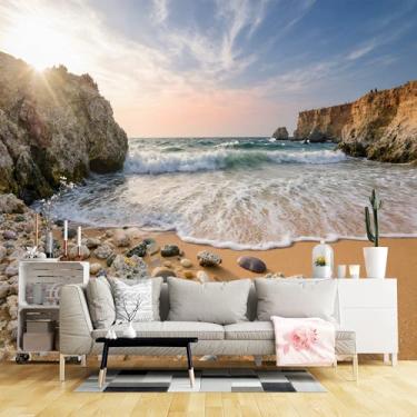 Imagem de Murais de parede de tamanho personalizado, rochas de praia costeira pôr do sol céu tecido de parede autoadesivo (sem PVC) papel de parede grande removível para sala de estar, quarto, escritório