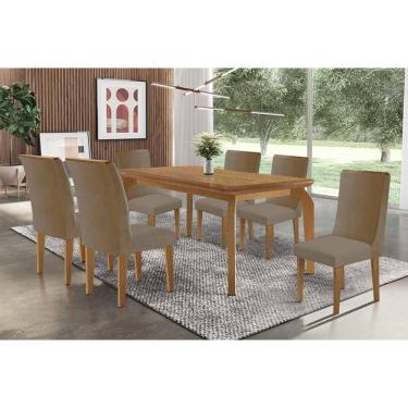 Imagem de Sala Jantar Mesa Londrina Tampo Curvo 180cm+6 Cadeiras Dakota Madeira Naturale - Capuccino/Linho Bege - Rufato