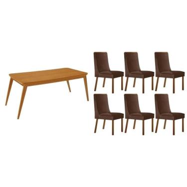 Imagem de Sala Jantar Mesa Havana Tampo Curvo 180cm+6 Cadeiras Dakota Madeira Naturale - Capuccino/Suede Marrom - Rufato