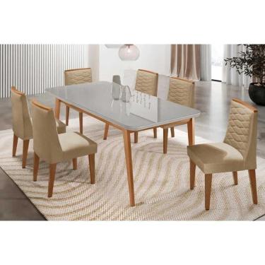 Imagem de Sala Jantar Mesa Havana Tampo c/ Vidro Curvo 180cm+6 Cadeiras Maldivas Madeira Naturale/Off White - Capuccino/Linho Bege - Rufato