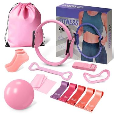Imagem de SUOOCH Conjunto de anéis de Pilates para mulheres, conjunto de equipamentos de pilates, kit de pilates para exercícios domésticos com faixas de resistência, círculo mágico de 35,5 cm, mini bola