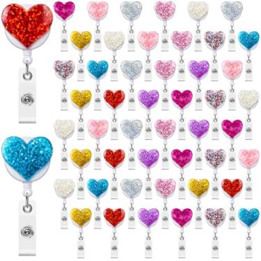 Imagem de Geyoga Carretel de crachá retrátil de coração brilhante para mulheres enfermeiras e mulheres enfermeiras coloridas com jacaré para professores, escritório, lembrancinhas, presentes