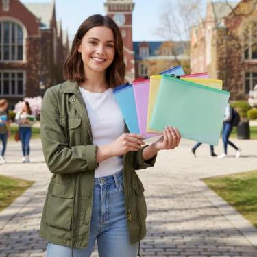 Imagem de 8 bolsas de malha com zíper - bolsa de documentos tamanho A6, bolsa organizadora de arquivos de plástico à prova d'água para material escolar de escritório