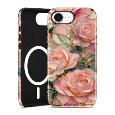 Imagem de Aitipy Capa de telefone com flor magnética para iPhone 16e, compatível com MagSafe, lindo vitral rosa rosa floral estética macia TPU macio e policarbonato rígido à prova de choque capa protetora para