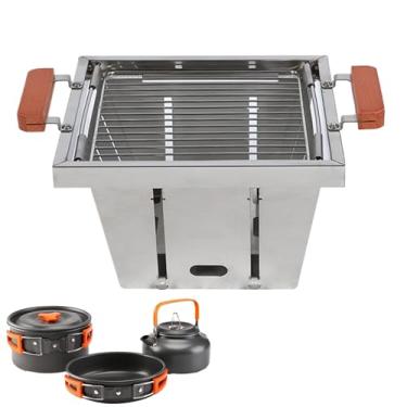 Imagem de Grelha Para Campismo | Queimador a Carvão com 4 Alturas Ajustáveis | Fogão de Campismo Portátil - para Acampamento Piquenique Churrasco ao Ar Livre Jardim Praia Caminhada