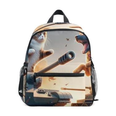 Imagem de GAIGEO Cat Dog Tank War Funny Kids' Backpack with Whistle, 2 Bottle Pockets, Lightweight, Kids Travel Backpacks 10x4x12 In, for Ages 3-8