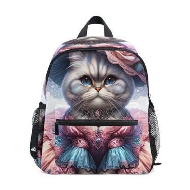 Imagem de GAIGEO Cute Cat Dressed Kitten Backpack for School Kids with Whistle, 2 Bottle Pockets, Lightweight, Preschool Backpack 10x4x12 In, for Ages 3-8
