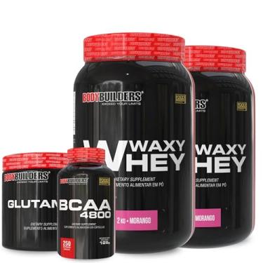 Imagem de Kit 2x Whey Protein Waxy Whey Morango 2kg + Glutamina 500g + BCAA 4800 250 Cápsulas - Bodybuilders