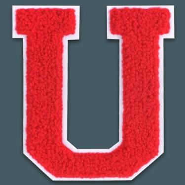 Imagem de QianSiLi Remendos de letras universitárias de chenille vermelho de 15 cm, letras grandes para jaquetas Letterman, moletons com capuz, mochilas, coletes, roupas, adesivos individuais da letra U