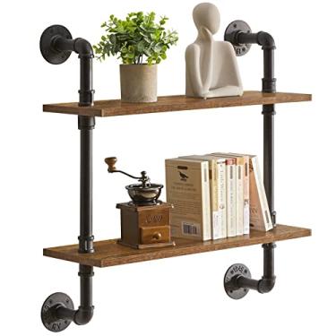 Imagem de YMYNY Suporte de prateleira de tubo industrial, prateleira flutuante de parede retrô de 2 camadas, estante de livros DIY de madeira, prateleiras de armazenamento para sala de estar, quarto,
