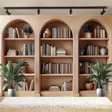 Imagem de Estante de livros vintage de madeira arqueada fundo para fotografia verde planta floral decoração de festa de aniversário escritório videoconferência fotografia fundo banner festa chá de bebê (amarelo