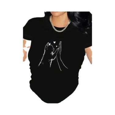 Imagem de Camiseta Feminina Confortável Com Estampa De Coração E Pata De Gato, S