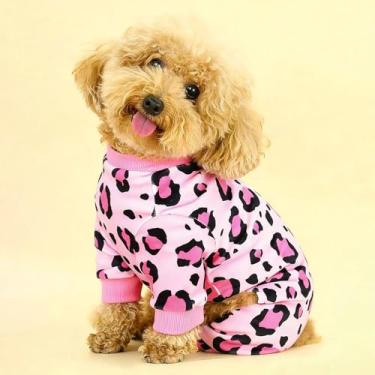 Imagem de Macacão de cachorro com estampa de leopardo com quatro pernas para animais de estimação, pequeno, médio, grande, macio, leve, rosa, 4GG
