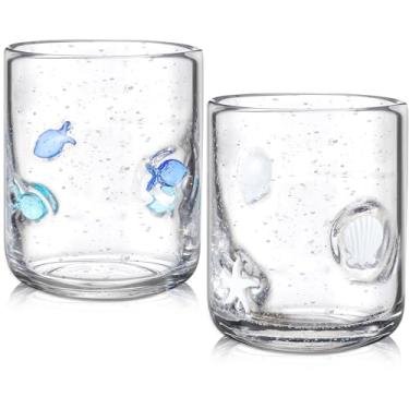 Imagem de Widecook Conjunto de 2 copos de vidro com ícones de 396 g para suco de vidro soprado à mão, concha do mar, design de estrela de peixe, copos de café gelado para o verão, mulheres, meninas, conjunto de