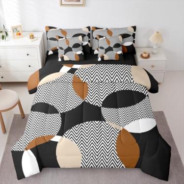 Imagem de Erosebridal Jogo de cama Queen com 7 peças Circle Swirls, geométrico, ondulado, preto, branco, marrom, linhas retrô, listradas, textura abstrata, conjunto de lençol com edredom