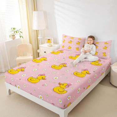 Imagem de Erosebridal Jogo de cama solteiro infantil de pato com laços rosa - Lindo pato de borracha amarela para meninas, jogo de cama floral, kawaii, com laço rosa kawaii, lençol com elástico e 1 fronha