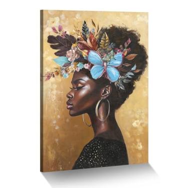 Imagem de ArtSquare Arte de parede em tela de mulher afro-americana com borboletas azuis para quarto, sala de estar, escritório, corredor - 40,6 cm C x 28 cm L