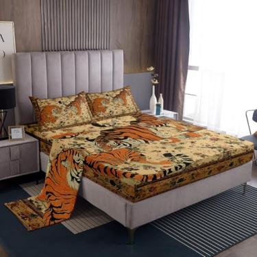 Imagem de Erosebridal Jogo de lençol de cima boêmio vintage, vintage, para adultos, homens e mulheres, decoração de quarto do sudoeste, retrô, boêmio, flores boêmias, marrom e amarelo