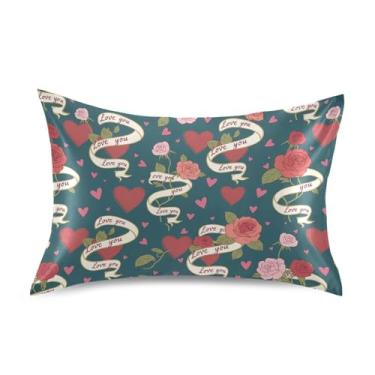 Imagem de Wassud Fronha de cetim para cabelo e pele com fita de rosas e corações para cabelo e pele, capas de almofada respiráveis tamanho padrão com fecho de envelope