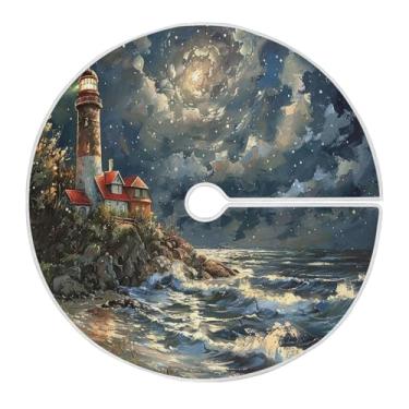 Imagem de Wassud Saia de árvore de Natal, pintura a óleo, farol, decorações de árvore de Natal, enfeites de Natal, tapete de árvore pequena para decoração de festa de ano novo, 91 cm