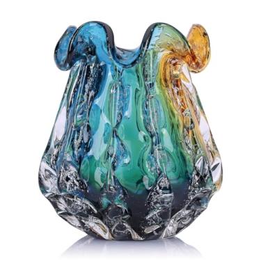 Imagem de Vaso de vidro transparente grande de 25 cm de altura, boca larga, lindo vaso de vidro soprado à mão para buquê, vasos marinhos exclusivos azul-petróleo e âmbar para sala de estar moderna de alta