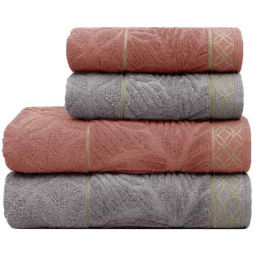 Imagem de Kit 4 Toalhas 100% Algodão – 2 Banho Grandes + 2 Rosto Absorventes, Macias e Felpudas para Uso Diário (Telha | Granito)