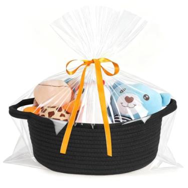 Imagem de HOBASKET Cesta pequena de tecido com sacos de presente e fitas, cesta de presente de corda de algodão com alças, preto, organizador de armazenamento oval, 30,5 x 20,3 x 12,7 cm, linda cesta de bebê