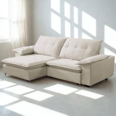 Imagem de Sofá Retrátil E Reclinável Veludo 2,20m Lisboa - Conforto Premium E Design Elegante Bege